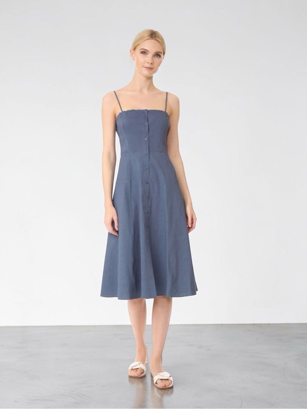 Theory Kayleigh Stretch Linen Blue Button-Front Spaghetti-Strap Dress Size 8
